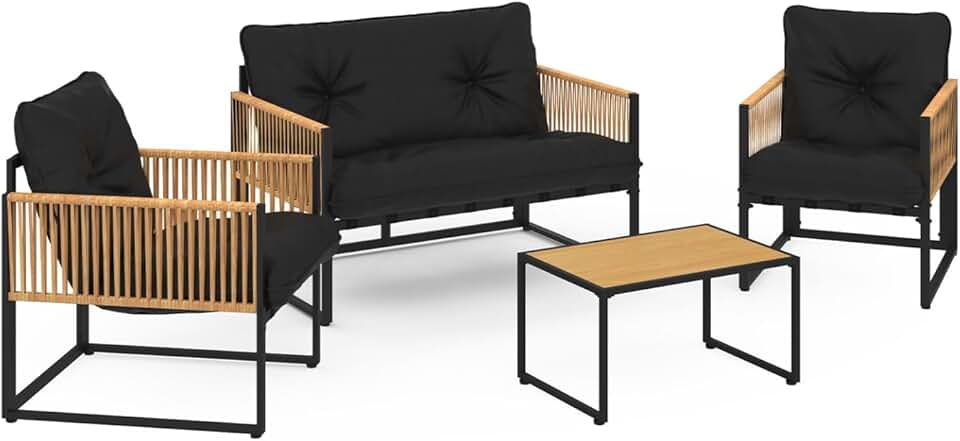 bleujardin - Salon de Jardin Bas Rio 4 Places - Structure métal noir, cordage rotin clair, coussins noirs