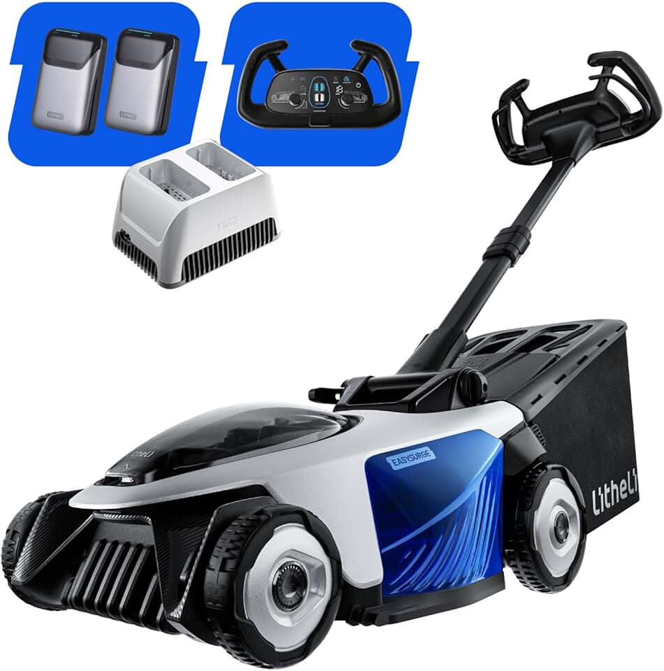 bleujardin - Easysurge série - 43 cm - Autotractée, 2x20V batteries, 50L bac, réglable, pour pelouses jusqu’à 500m²