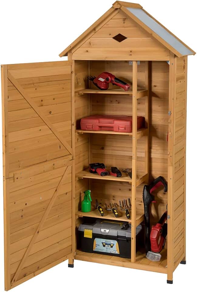 bleujardin Armoire de Jardin Bois 5 Etagères, Abris de Jardin Bois Verrouillable en Bois de Sapin pour Outils de Jardin avec Etagères,Toit en Tôle Galvanisée pour Maison, Jardin, Cour