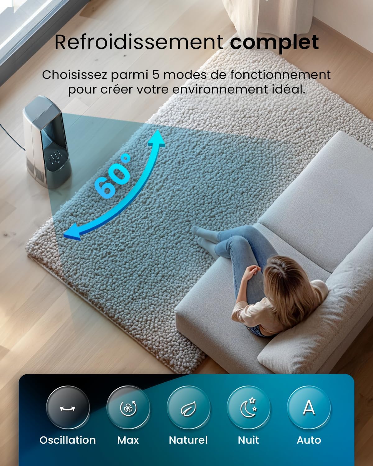 bleujardin - Ventilateur tour 101 cm, 6 vitesses, oscillant, silencieux