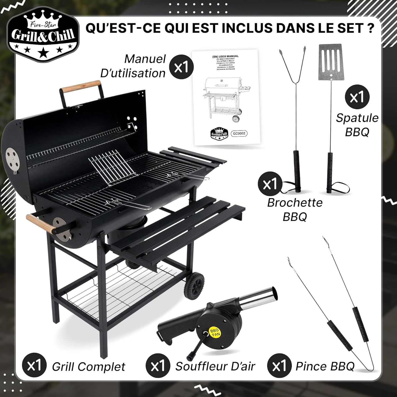 Five-Star – Grill & Chill série – 71×35 cm – barbecue charbon couvercle, thermomètre, cendrier, roues – GC0002