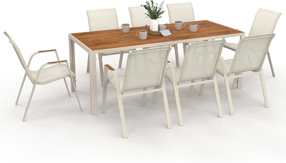 bleujardin - Noumea Salon jardin 190 cm verre-bois, 8 chaises empilables