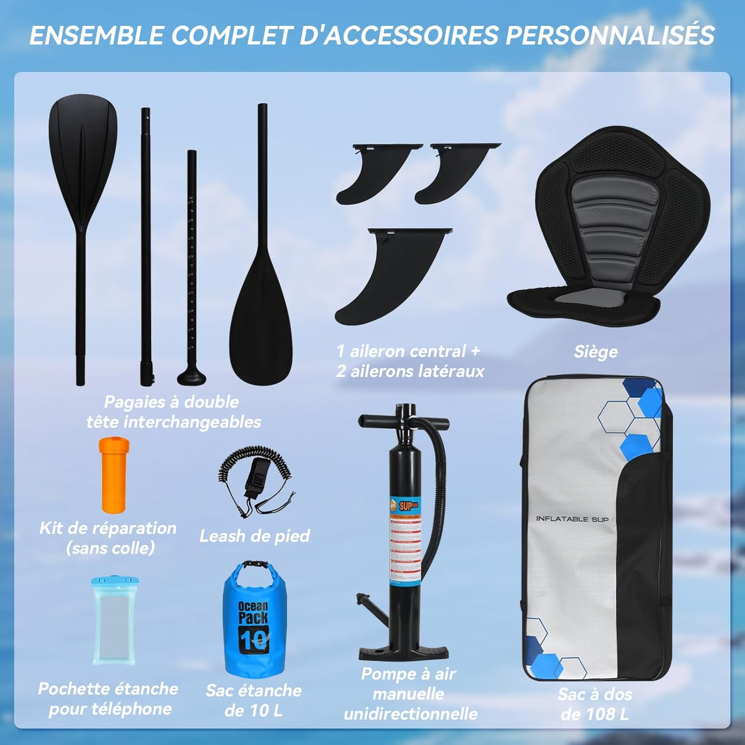 bleujardin - Paddle gonflable adulte 320/335cm - 2 personnes, siège kayak, pagaie, support caméra, 150kg