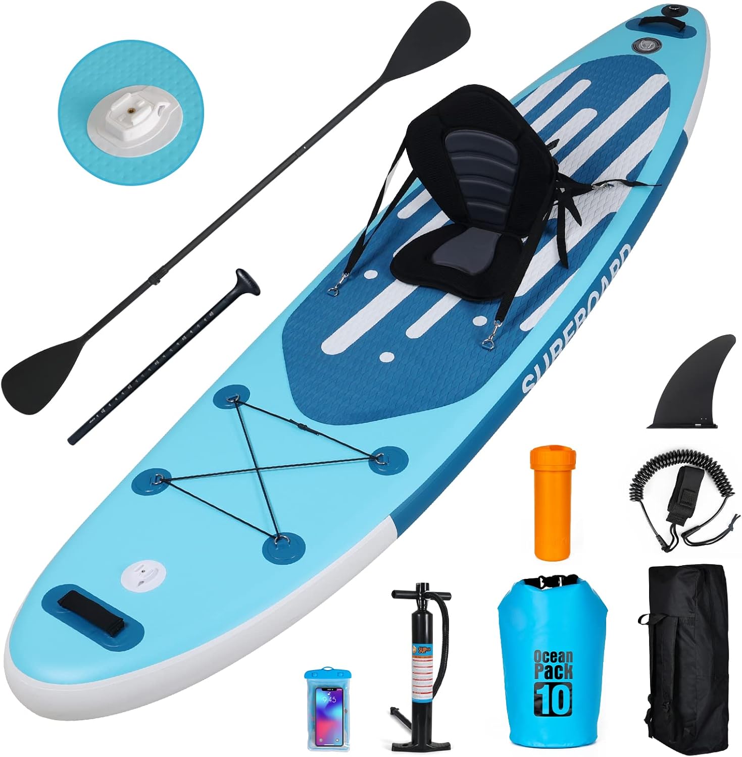 bleujardin - Paddle gonflable adulte - 320/335cm - 2 places, siège kayak, pagaie alu, support caméra, jusqu'à 150kg