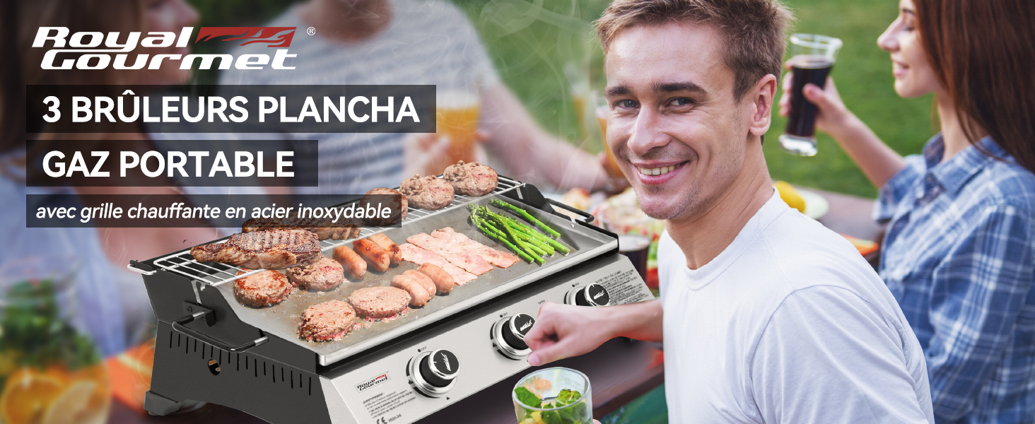 avec trois brûleurs montrant la cuisson de la viande sur une grille en acier inoxydable. Appareil de cuisson extérieur de marque bleujardin.