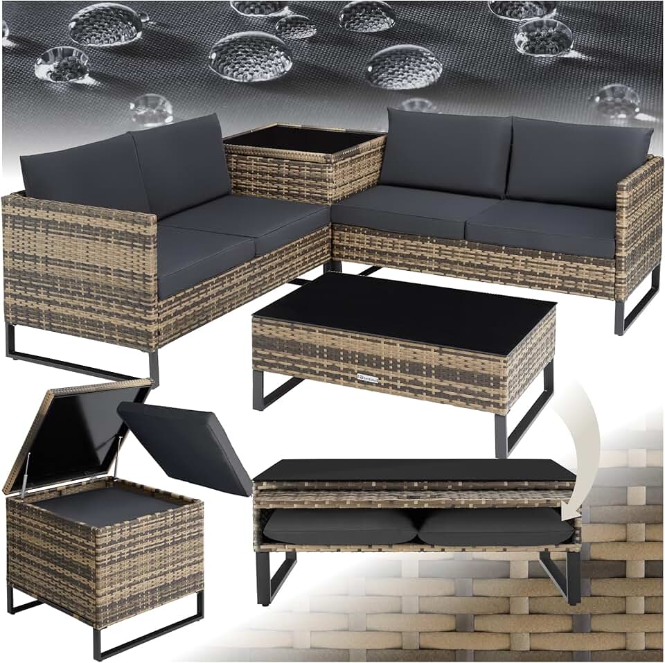 bleujardin - Ensemble modulable 4 places rotin, table basse, coffre, coussins