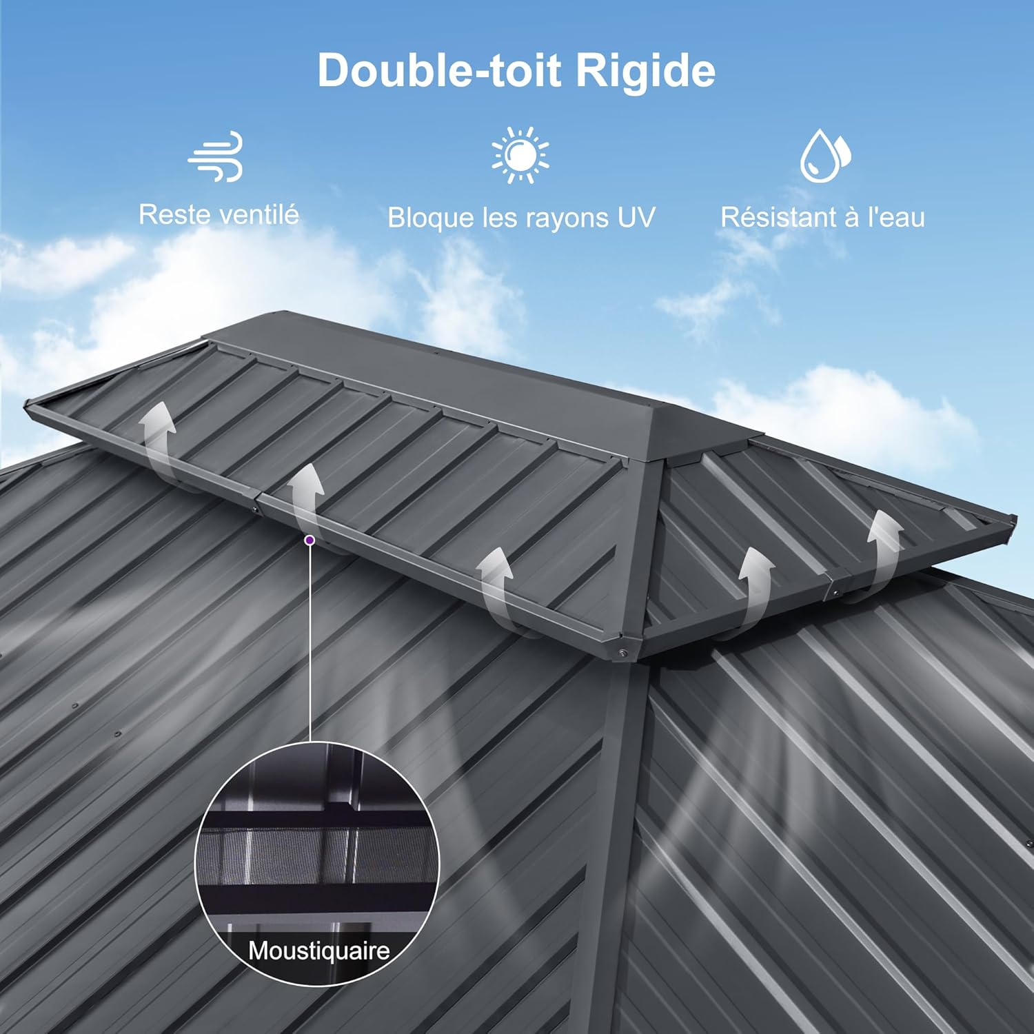 bleujardin - Tonnelle double toit rigide, 6 x 3,65 m, moustiquaire, aluminium, gris