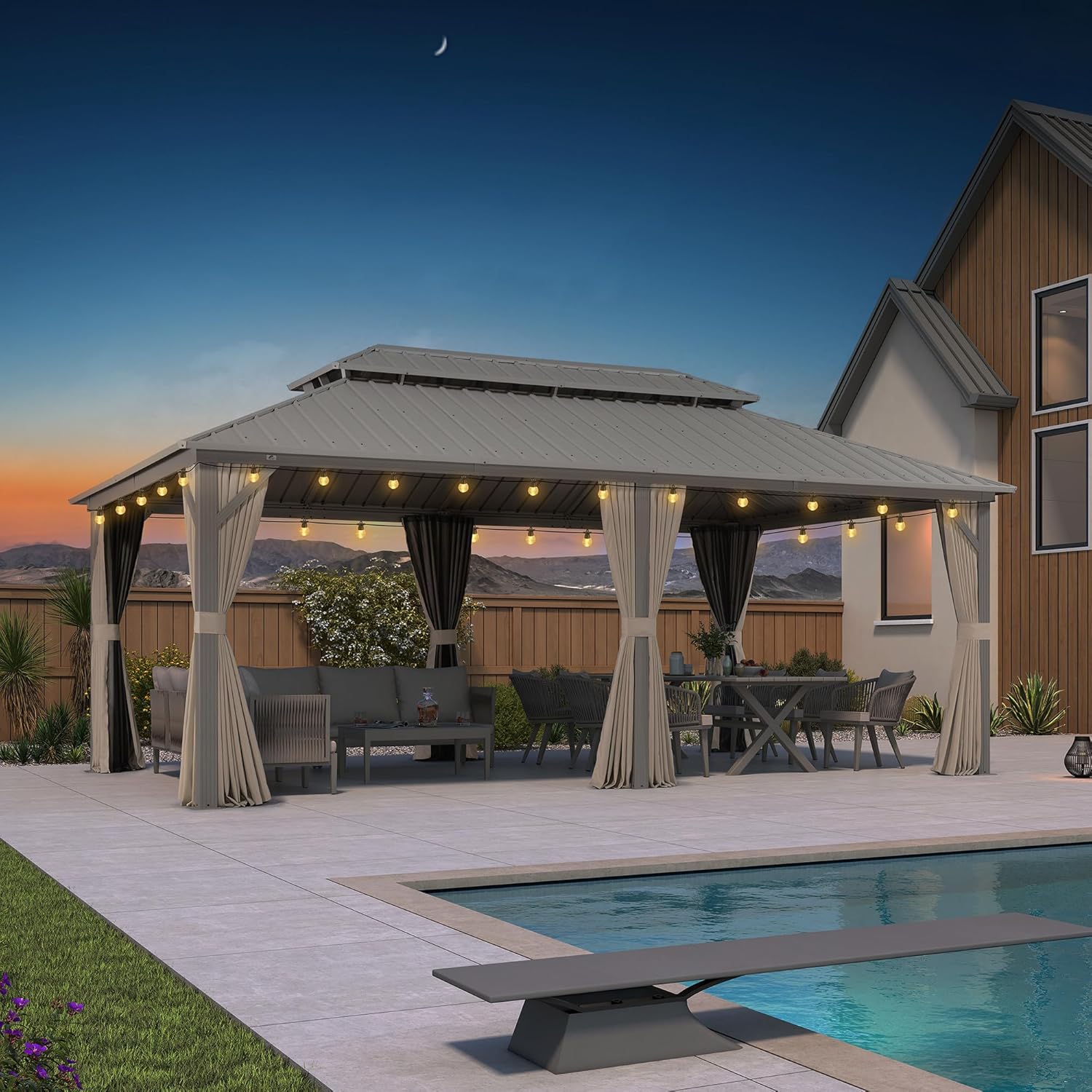 bleujardin Tonnelle de Jardin Extérieur 6 x 3,65 m avec Guirlande Lumineuse, Pergola Aluminium à Toit Rigide en Acier Galvanisé, Pavillon Imperméable pour Camping, Fête, Barbecue, Champagne