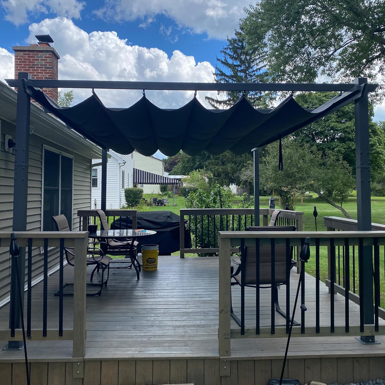 bleujardin - Pergola aluminium - 4,8x3,5m - toit coulissant, tissu teint en fil, gris