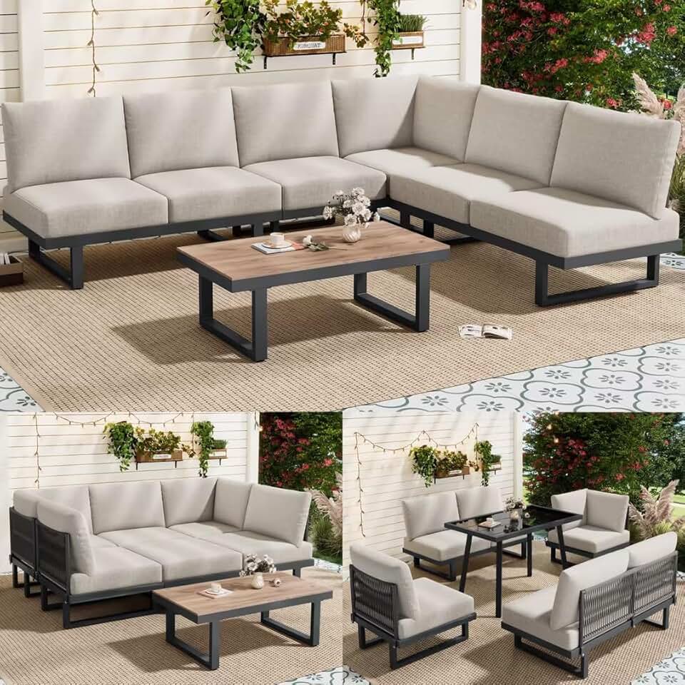Salon de Jardin modulable 6 places, acier, coussins 14 cm, table verre, convertible