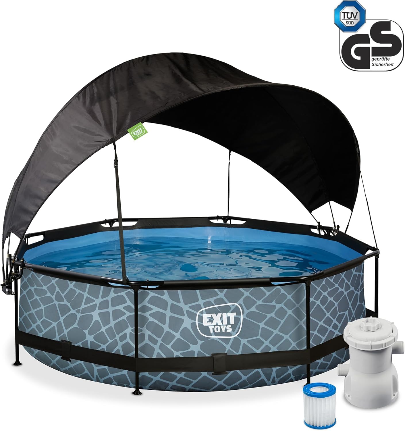 bleujardin Piscine Stone avec Voile d'Ombrage - ø300x76cm - Piscine Hors Sol Ronde avec Pompe Filtrante à Cartouche - Protection Optimale Contre Les Rayons UV - Entrée Basse - Design Unique - Gris