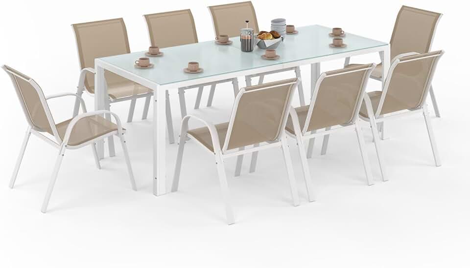 bleujardin - Madrid salon jardin, table 190 cm, 8 chaises empilables, blanc/beige