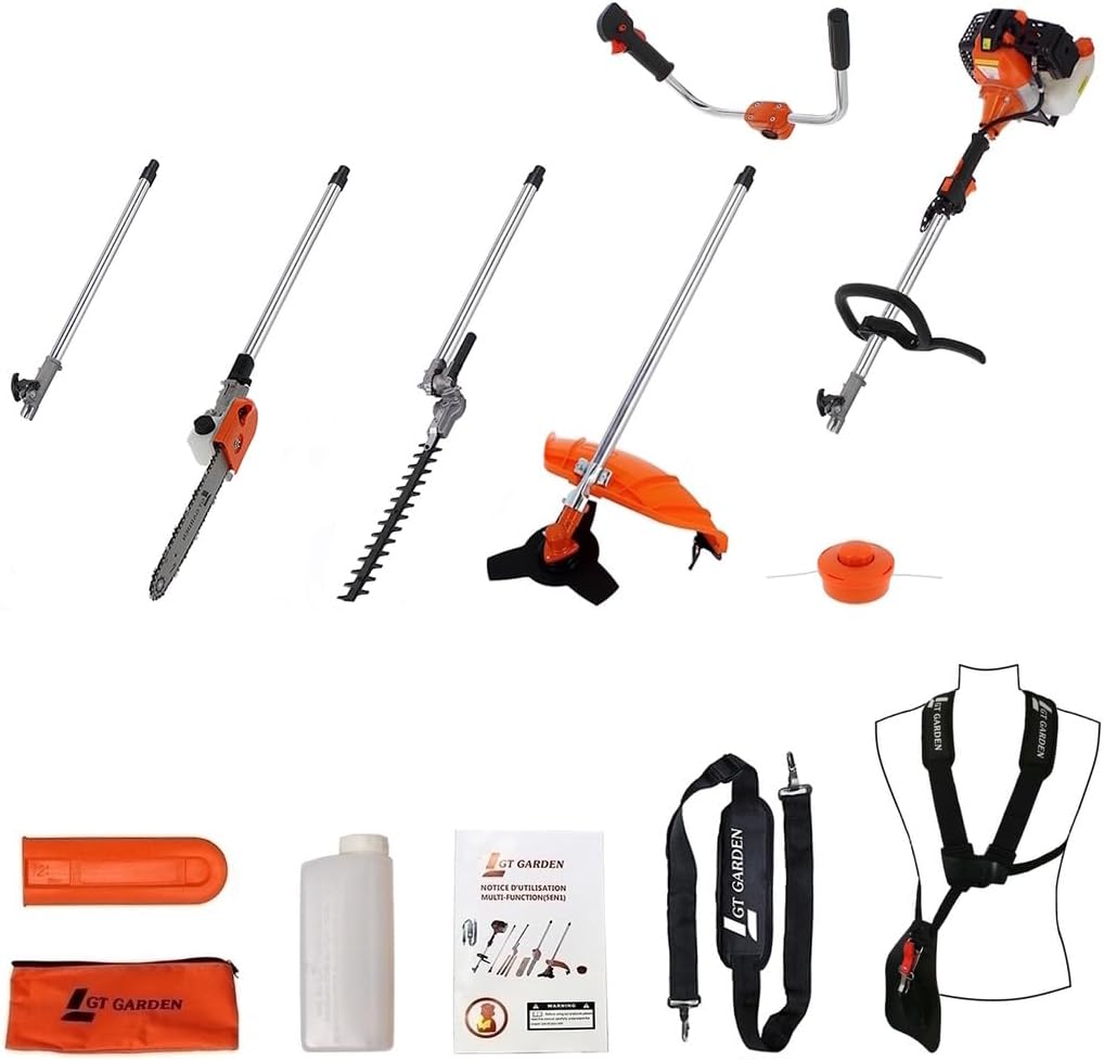 bleujardin - multifonction 4 en 1 thermique - 3 outils + rallonge - tronçonneuse, débroussailleuse, taille-haies