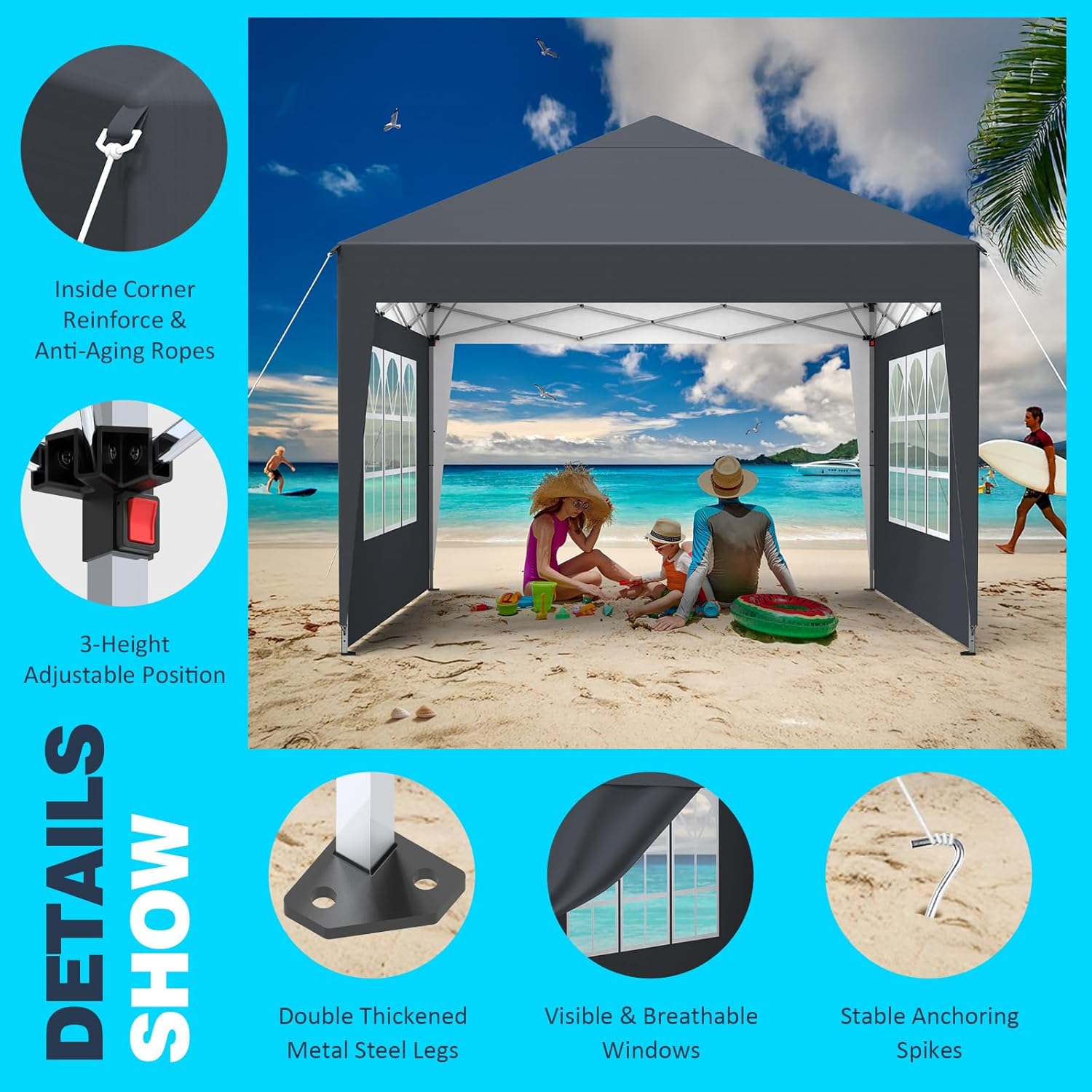 Tonnelle de jardin - pliante 3x3m - 4 côtés, imperméable, UV50+