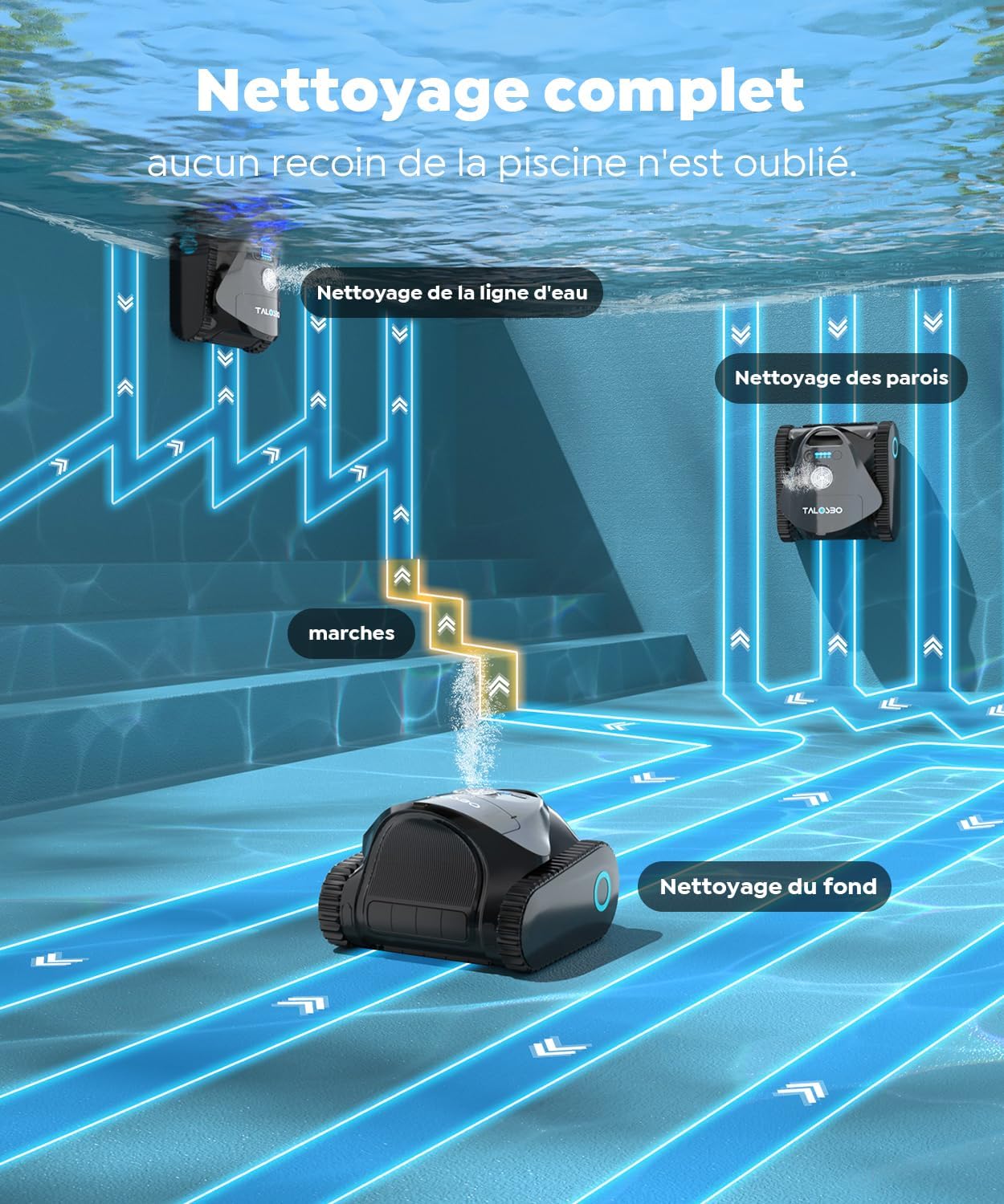 C1 - Robot piscine sans fil, fond et parois, 150m², 3 moteurs, applis, 170min - C1