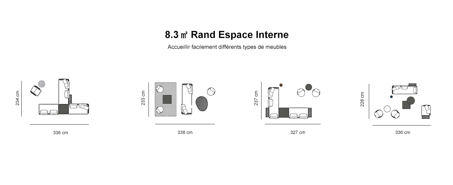 Schémas de plan d'étage montrant l'aménagement des espaces intérieurs pour différentes tailles de pièces, allant de 1,5 m à 3 m de largeur