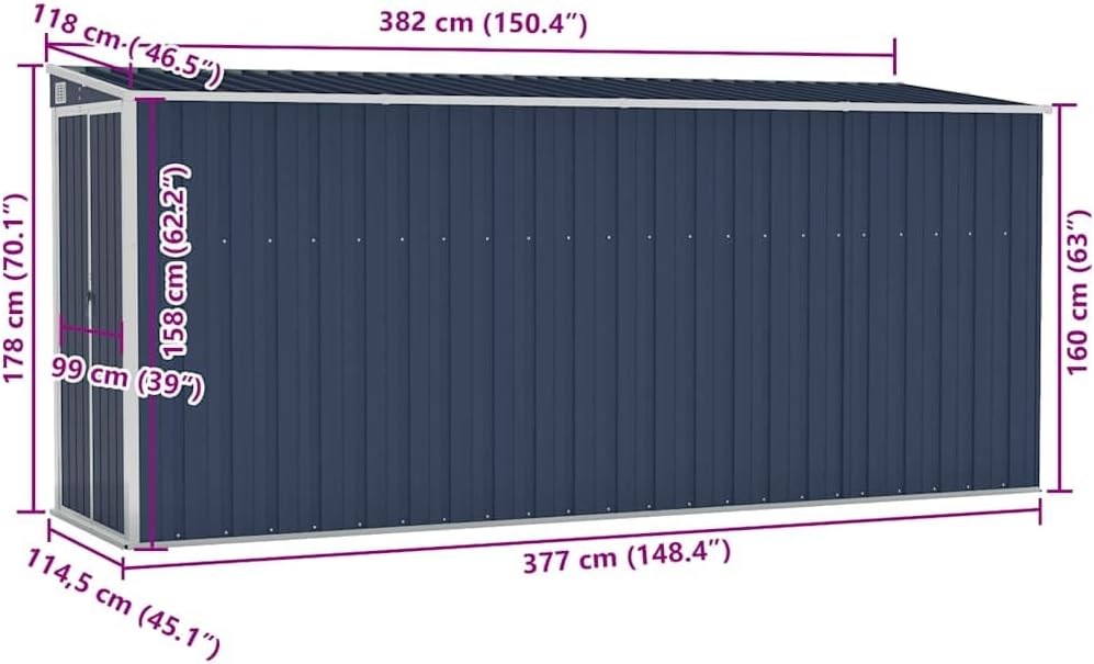 bleujardin Abri de Jardin Mural Anthracite 118x382x178 cm Acier,Maison & Jardin, Pelouses & Jardins, Vie en extérieur, Structures extérieures, Cabanes & abris de Jardin, Anthracite (Poids 47.9KG)