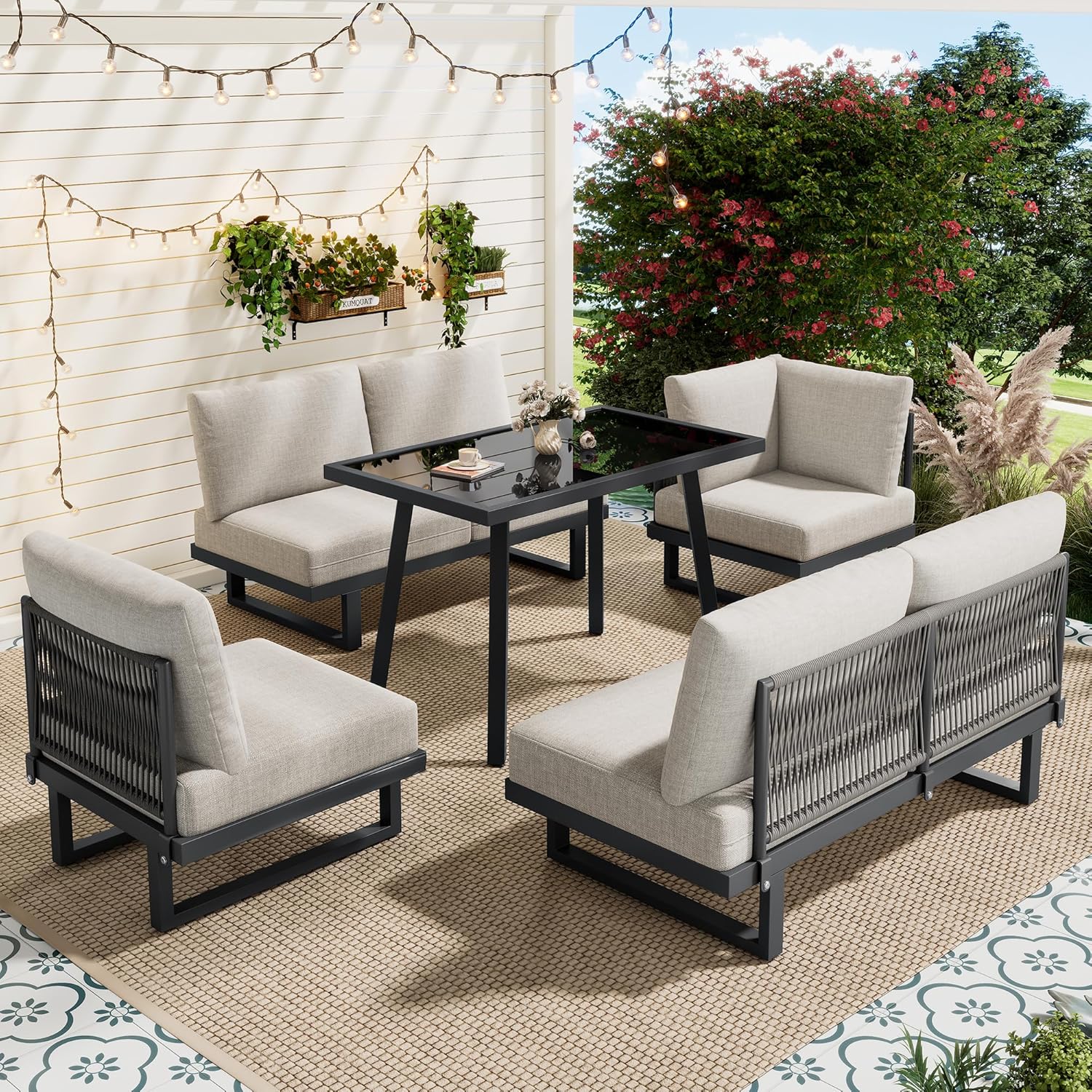 Salon de Jardin modulable 6 places, acier, coussins 14 cm, table verre, convertible