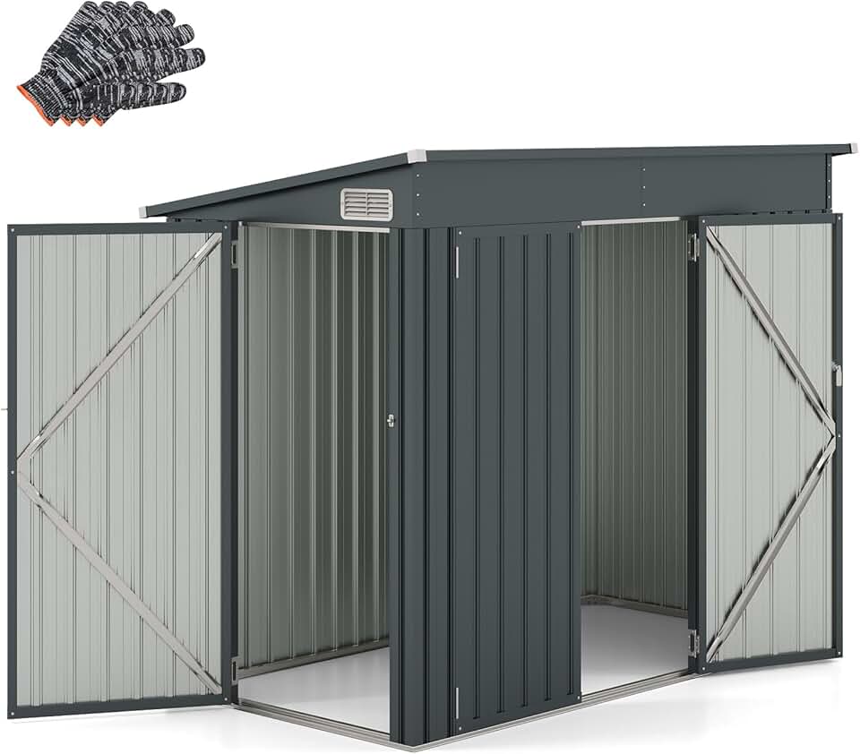 bleujardin - Cabane de jardin métal 2,6㎡, porte sécurisée, toit penté, 4 gants, aérations.