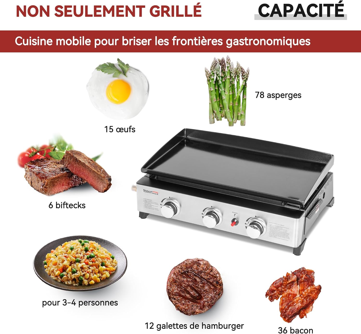 bleujardin - Plancha Gaz 3 brûleurs - 62x35,5 cm - acier émaillé, portable, 7.5kW