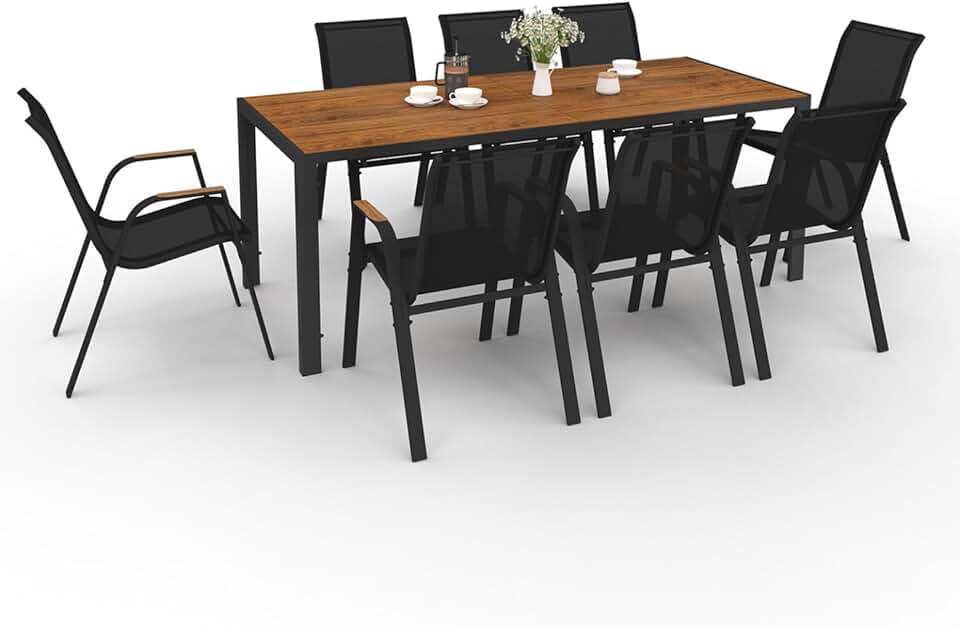 bleujardin - Noumea - Table 190 cm et 8 chaises empilables, plateau verre effet bois