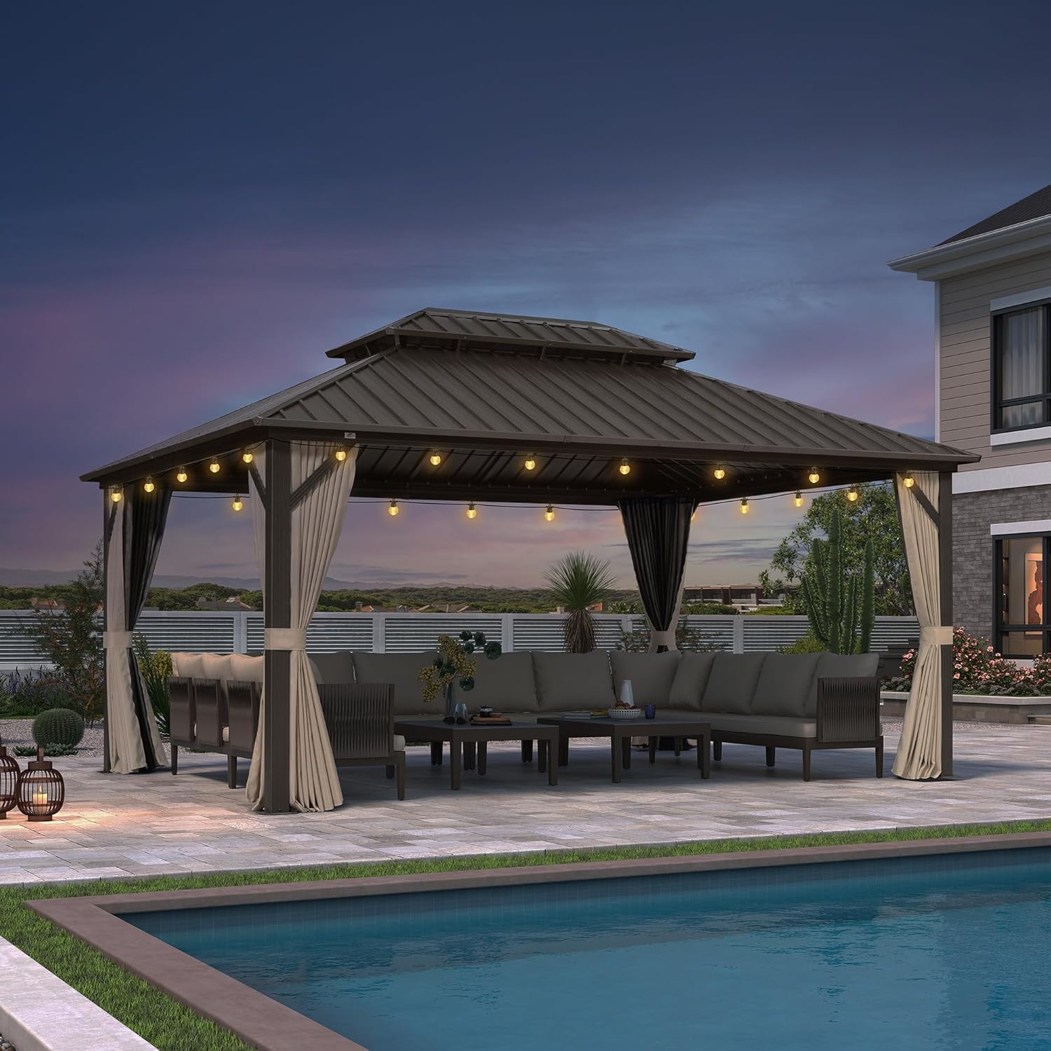 bleujardin - Pergola Toit Rigide - 4,85x3,65m - Aluminium, Rideaux, Guirlande