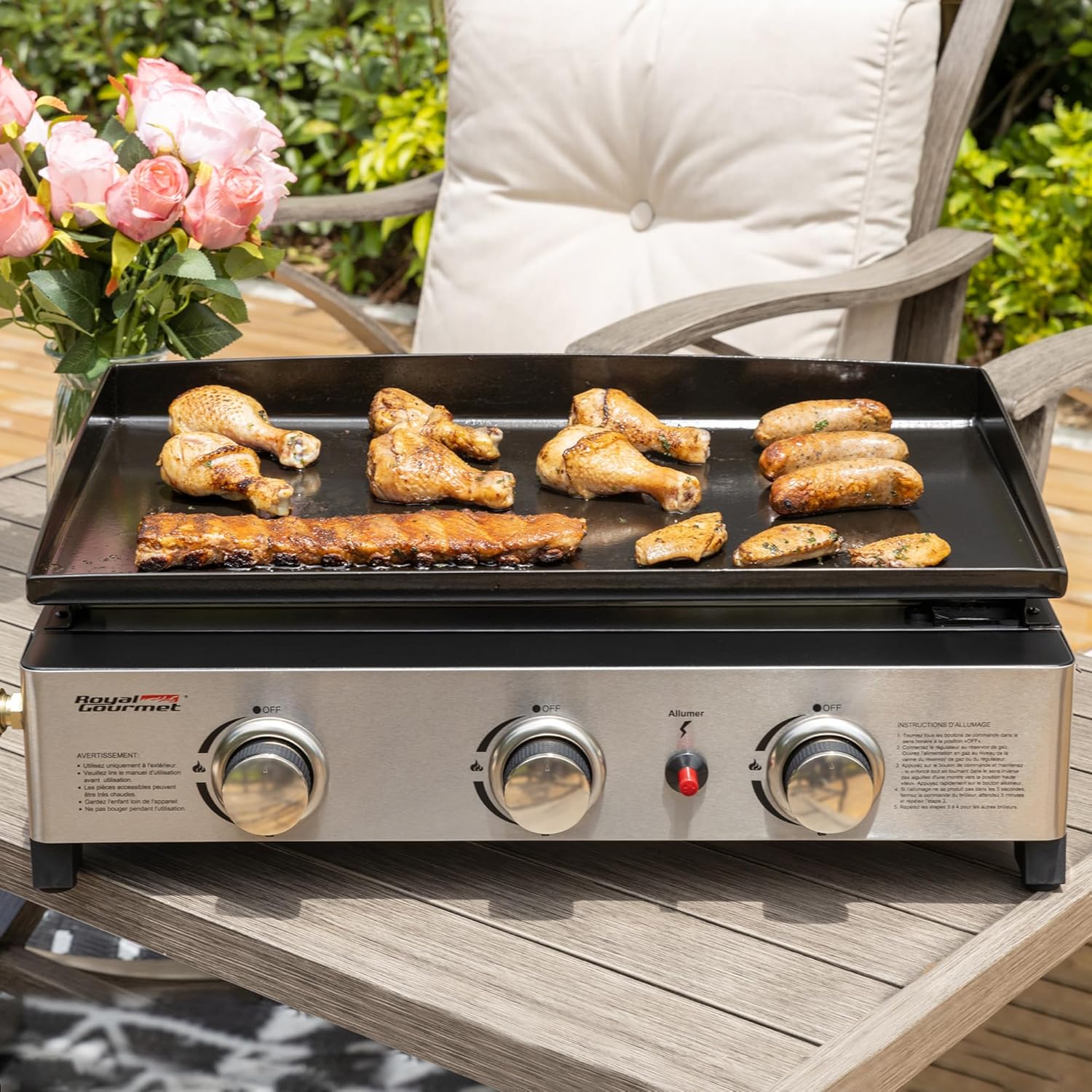 bleujardin - Plancha Gaz 3 brûleurs - 62x35,5 cm - acier émaillé, portable, 7.5kW