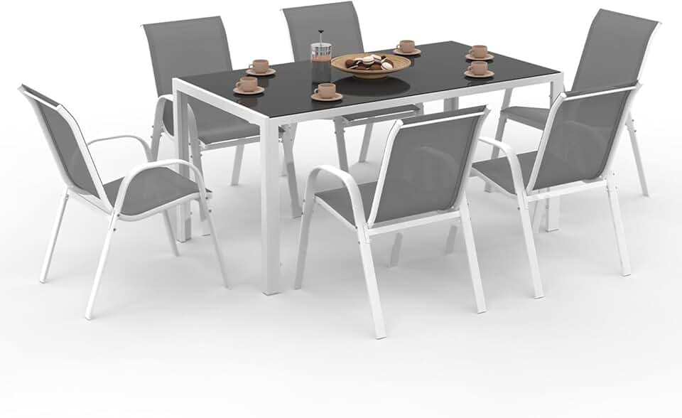 bleujardin - Madrid salon de jardin 150 cm, 6 chaises empilables, blanc/gris