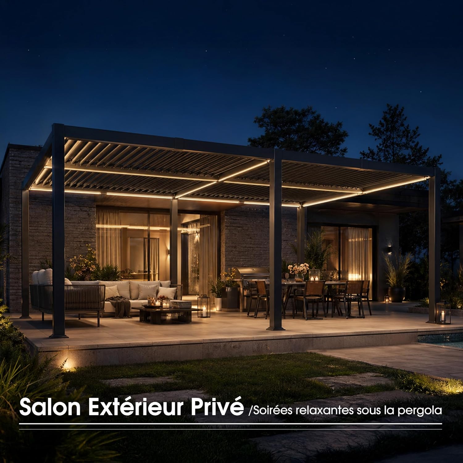 bleujardin - Pergola bioclimatique - 4x6m - alu lames LED gris