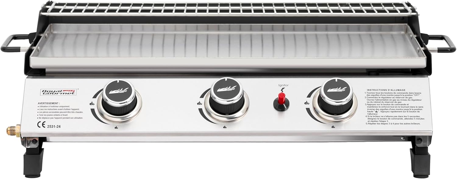 bleujardin - Plancha gaz inox 3 brûleurs 61,5x32cm, 7,5kW, usage extérieur
