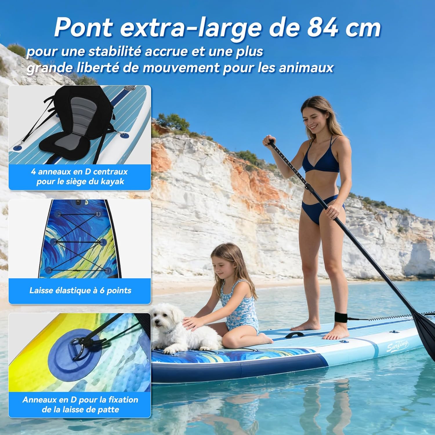 bleujardin - Paddle gonflable adulte 320/335cm - 2 personnes, siège kayak, pagaie, support caméra, 150kg