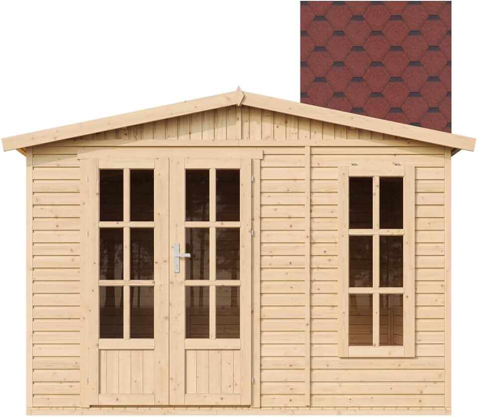 bleujardin M334FB+H334FBRED Abri de Jardin en Bois 6 m² avec Sol, L332xP222xH232 cm – Chalet de Loisirs, Maison d'Été avec Bardeaux Bitumineux Rouges The Forest Stewardship Council
