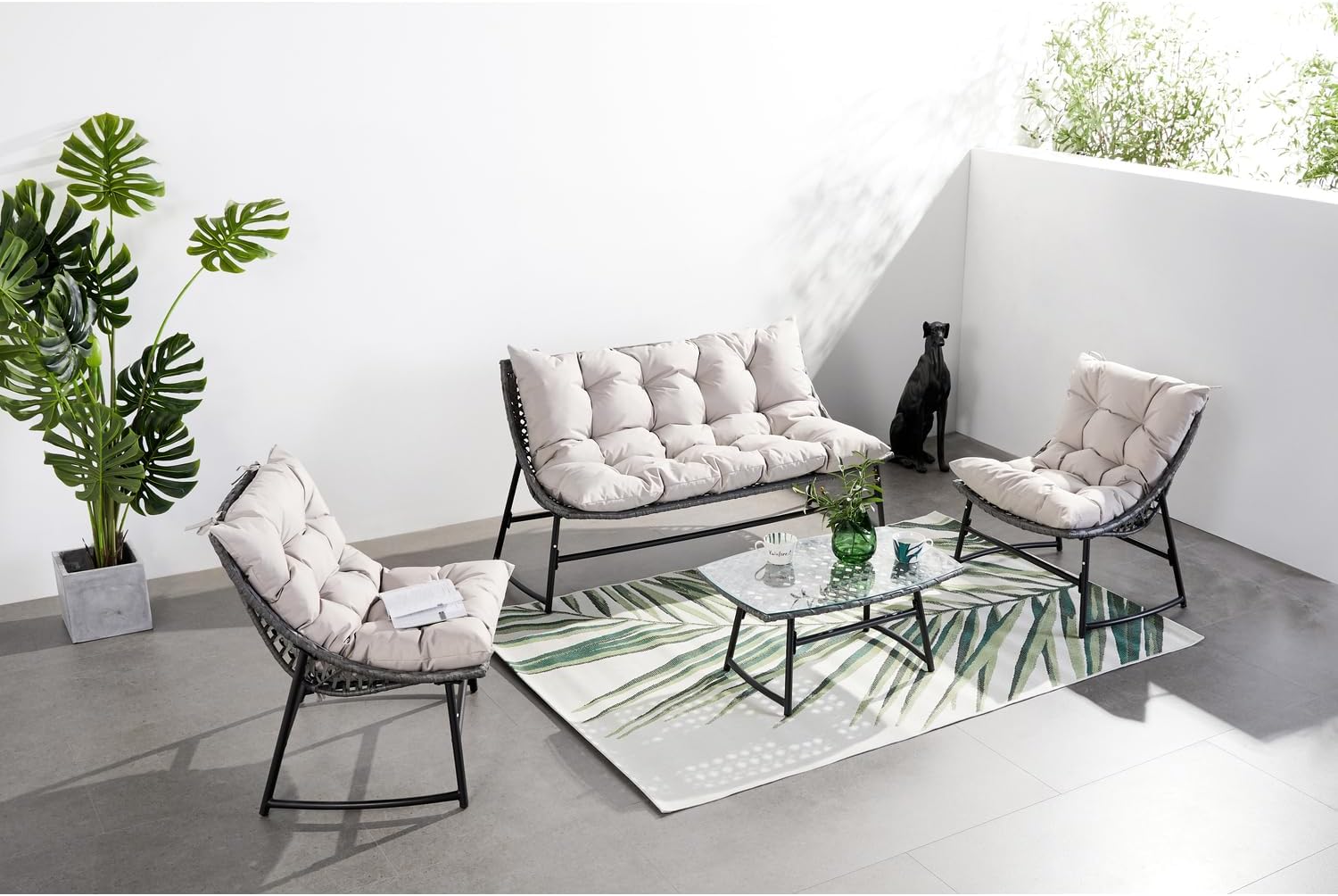 bleujardin - Guahana - salon bas 4 places, acier, rotin, coussins épais