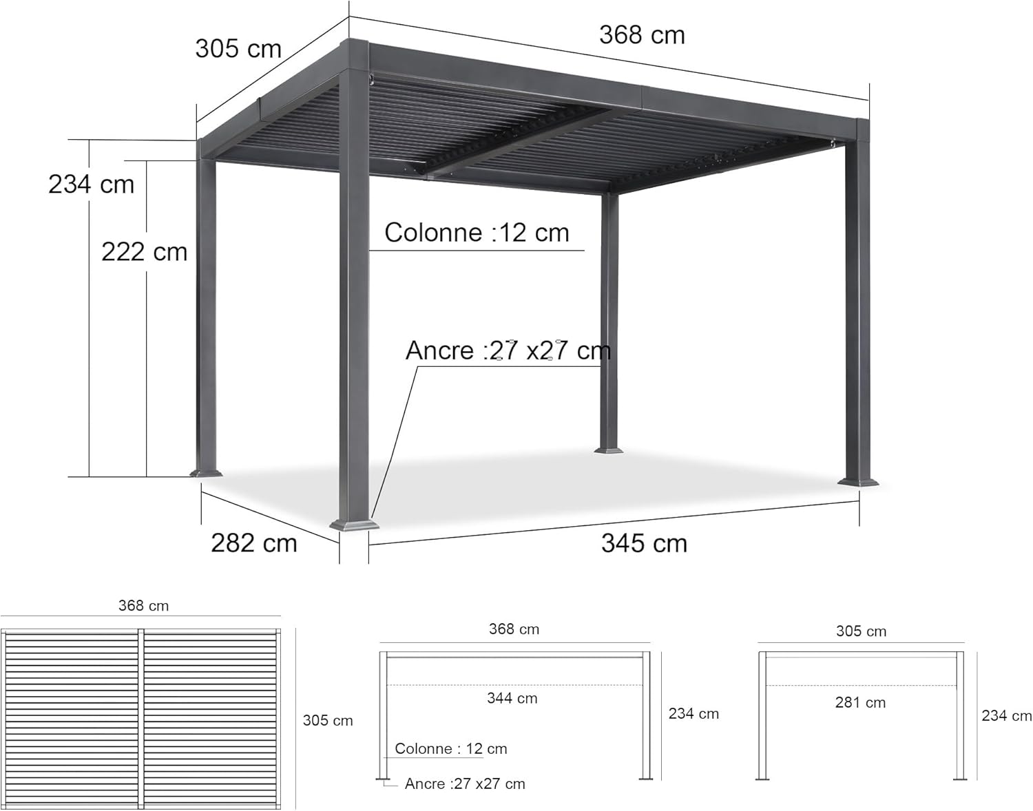 bleujardin - pergola bioclimatique - 3x3,65m - aluminium, lames orientables, gris