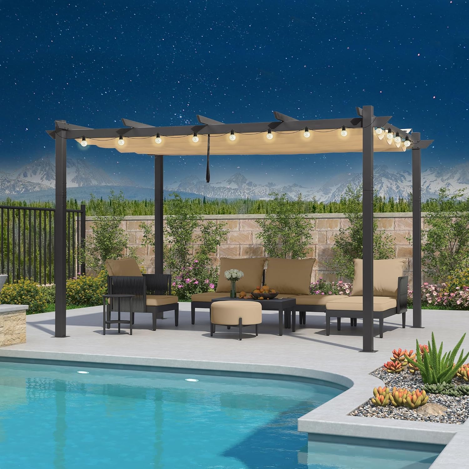 bleujardin - Pergola aluminium 4x3m, toit rétractable, éclairage intégré