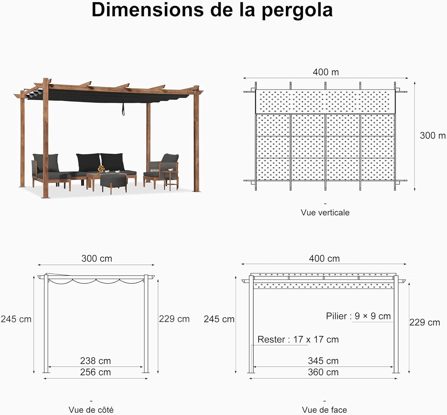 bleujardin - Pergola aluminium - 4x3m - toile rétractable, teck, imperméable