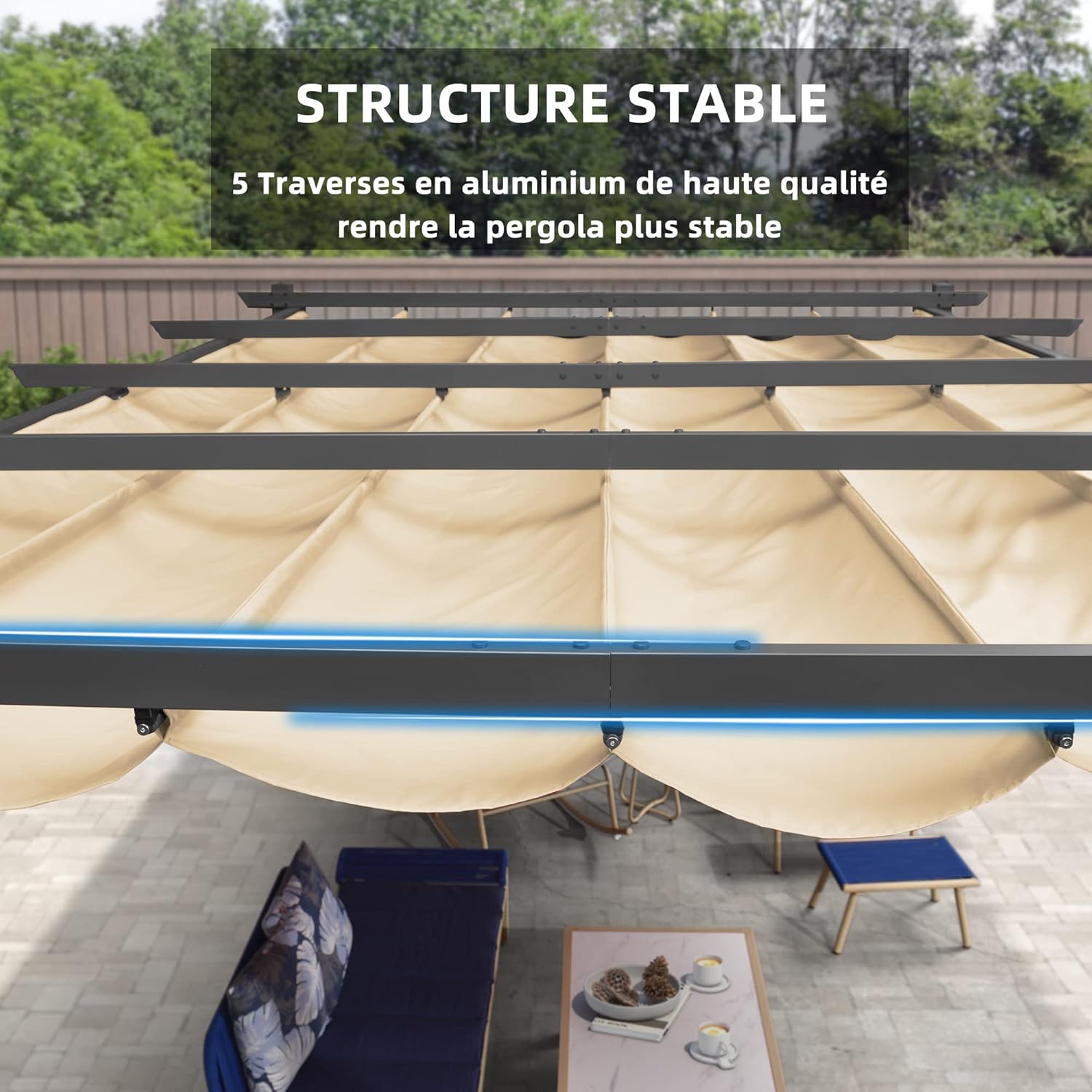 bleujardin - Pergola aluminium LED, toit rétractable, 4x3m, kaki