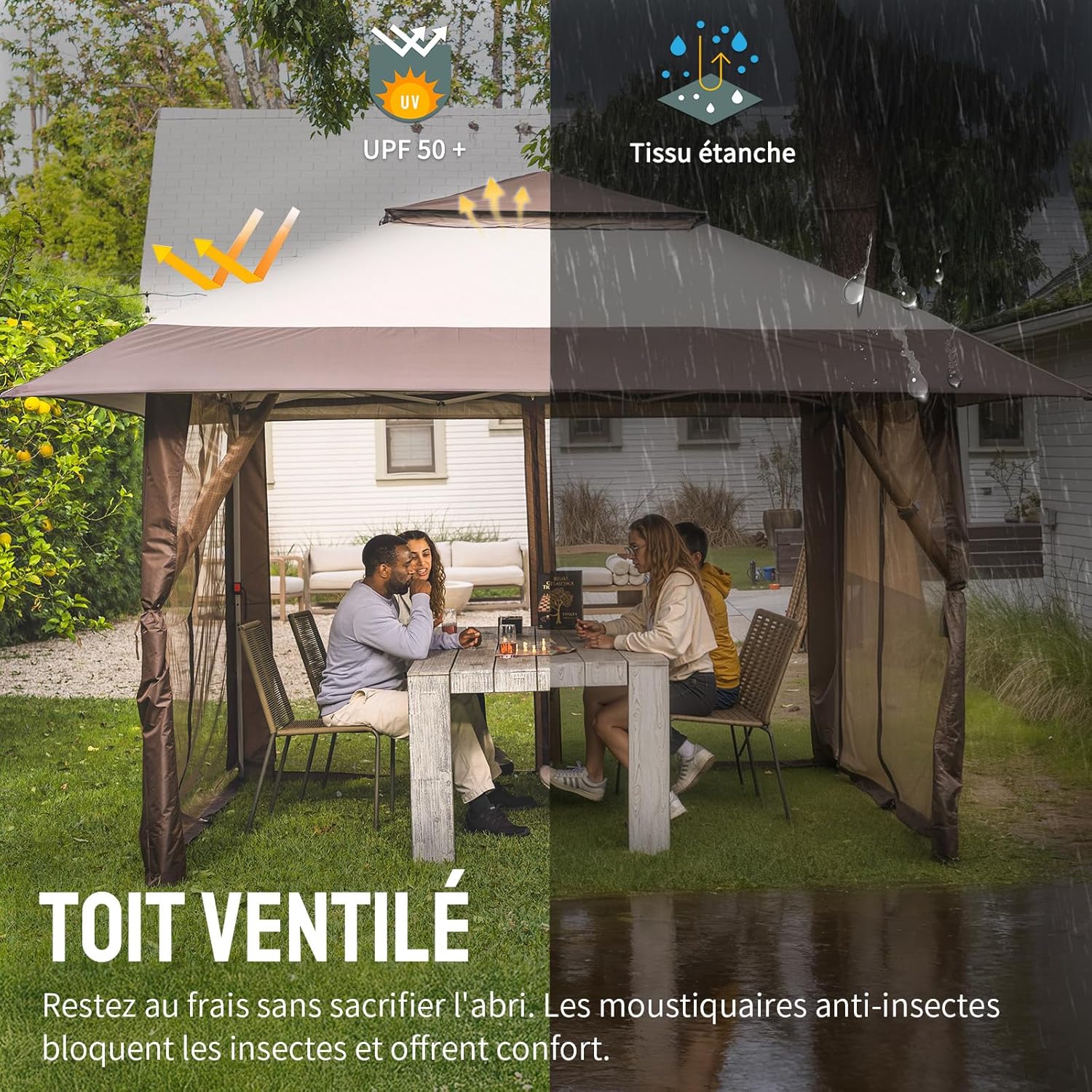 bleujardin Tonnelle de Jardin 4 x 4 m, Pop Up Gezebo Exterieur Imperméable, Abri de Jardin Réglable en Hauteur, Double Toit avec Côtés en Maille Zippée, Sac de Transport, Beige