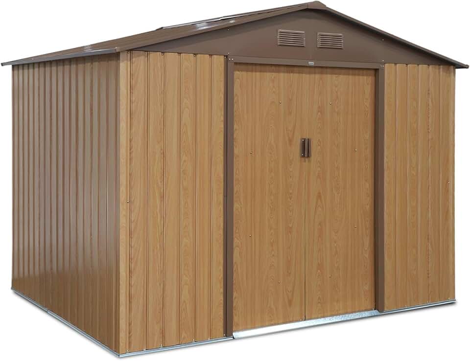 bleujardin - Abri de Jardin en métal - FERRAIN 5.29m² Couleur chêne - Cabane à Outils avec Deux Grandes Portes coulissantes. kit de Fixation Sol Inclus. Maison de Rangement. Remise