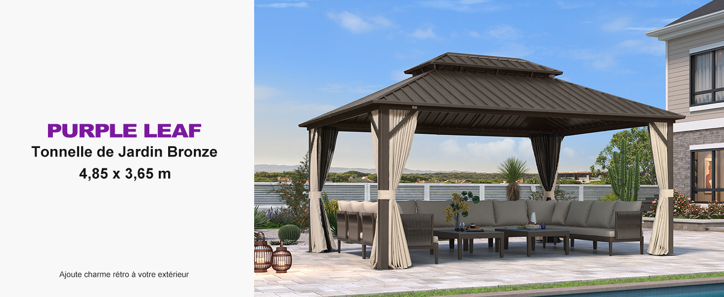 Le texte se lit comme suit : « FEUILLE VIOLETTE ». Série d'images d'un patio extérieur montrant une pergola couverte avec des meubles en dessous, vues sous différents angles.