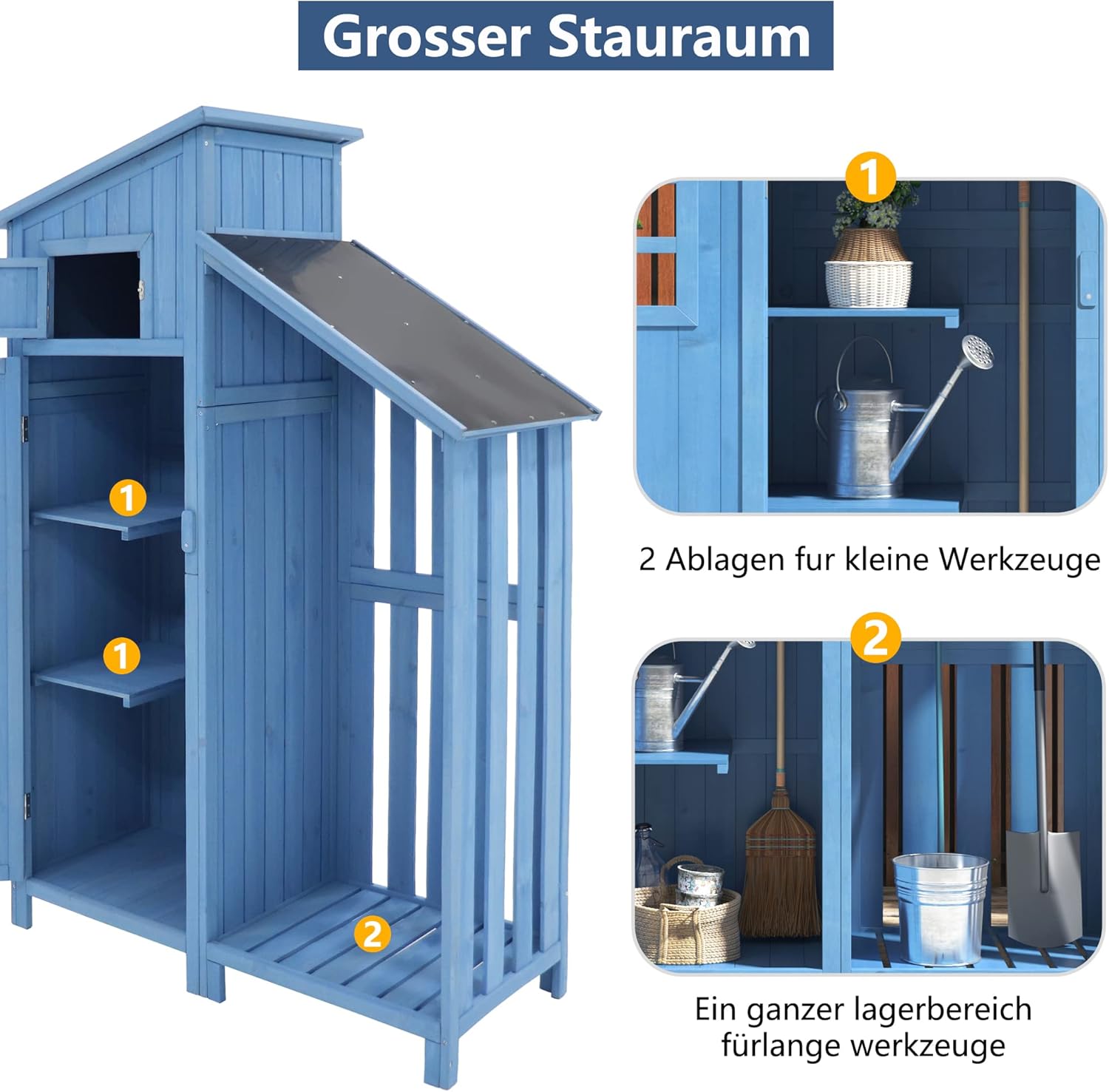 Abri de jardin bois - cabane selle PVC - 124x46x174cm - fondation, 2 étagères, armoire outils - bleu