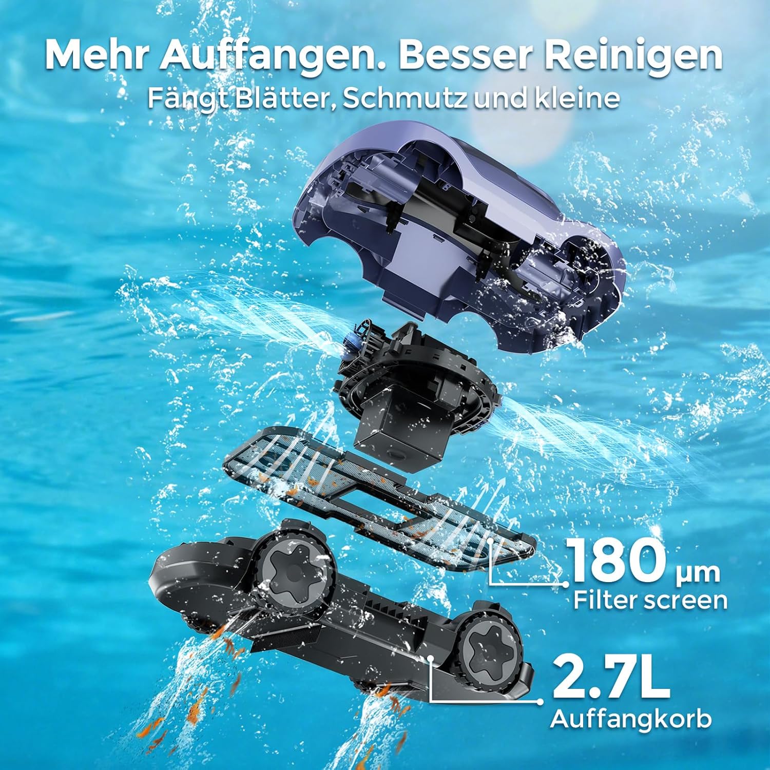 Robot Piscine sans Fil - 180min autonomie, aspiration puissante, filtration fine, pour piscine jusqu'à 200m²