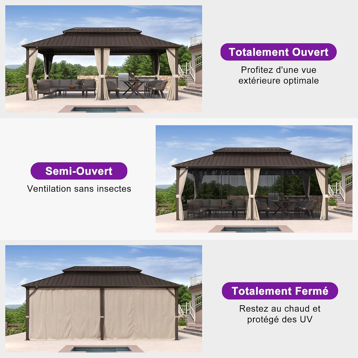 bleujardin - pergola double toit rigide 6x3,65m, aluminium, guirlande, rideaux