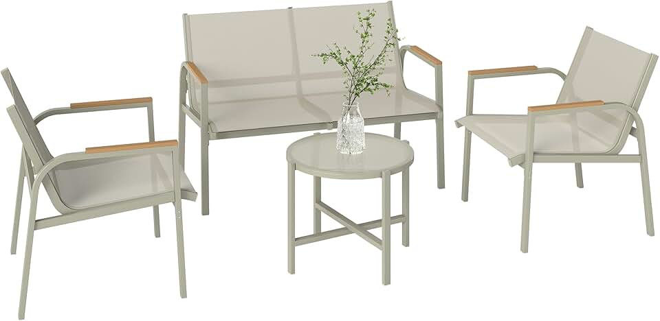 bleujardin - Salon de jardin 4 pièces textilène - 2 places, 2 fauteuils, table verre, vert