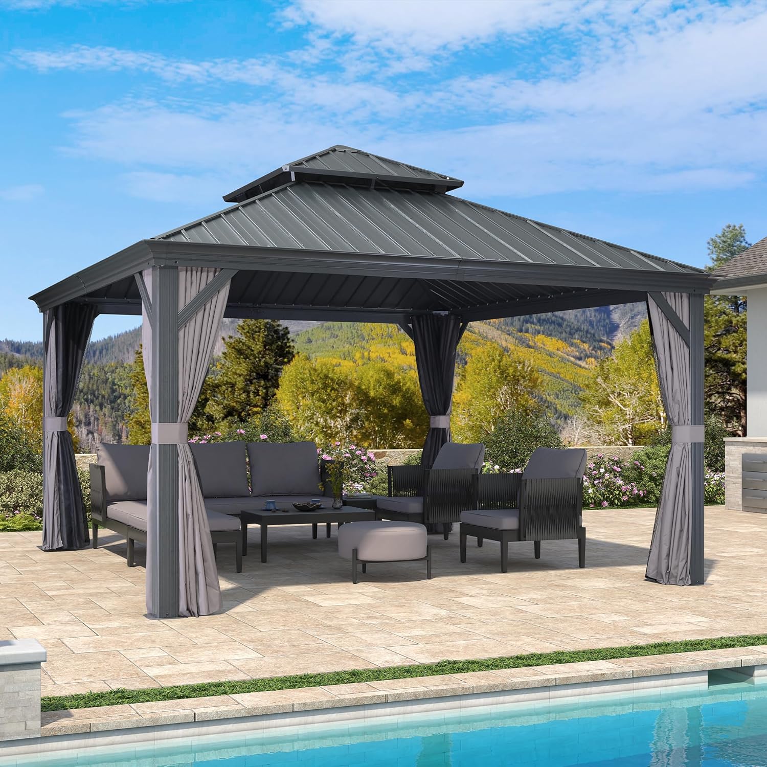 bleujardin - tonnelle double toit acier 4x4m, rideaux, moustiquaire