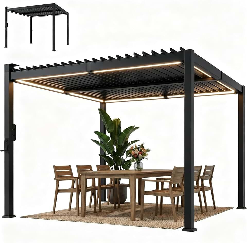bleujardin - Pergola bioclimatique 3x3m - LED solaires, lames orientables, toit métal, gouttières
