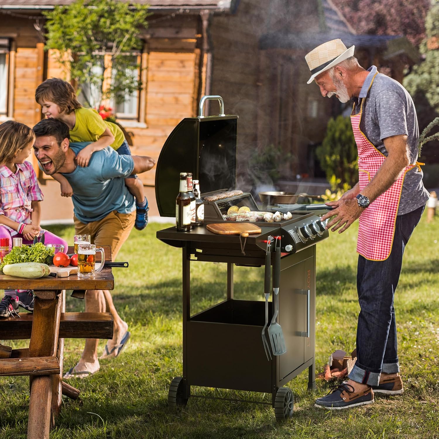 bleujardin - barbecue gaz 3+1 brûleurs inox - 11,5 kW - chariot, 2 roues, thermomètre