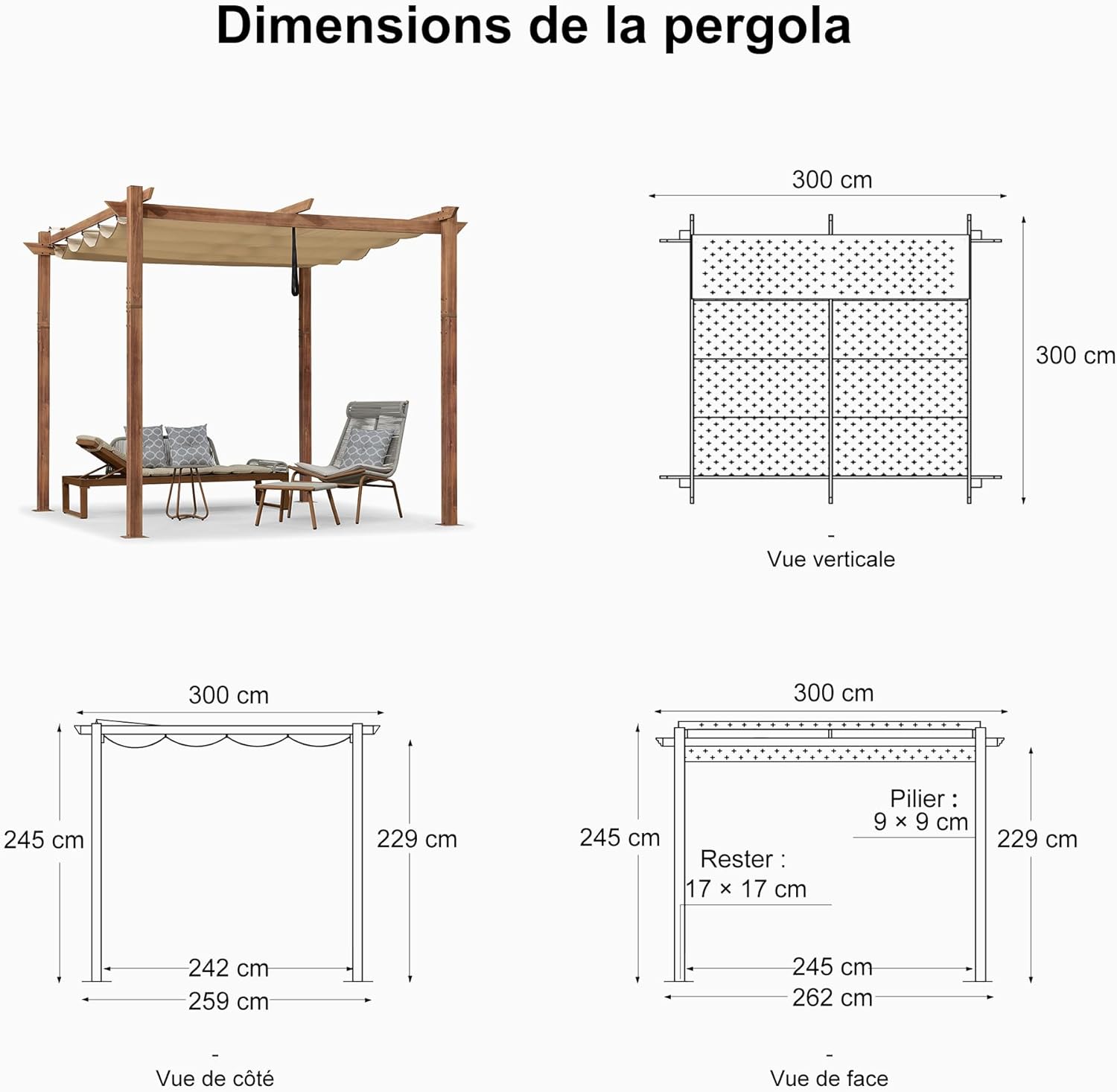 bleujardin - pergola aluminium - 3x3m - teck, toile rétractable, kaki