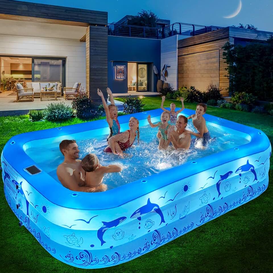 bleujardin Piscine Gonflable Adulte avec Lumières, Solaire Familiale Piscines Gonflables Rectangulaire avec 12 Mode D'éclairage,240x150x55CM Grande Piscine Gonflable Enfant, Pataugeoire Bebe pour Jardin
