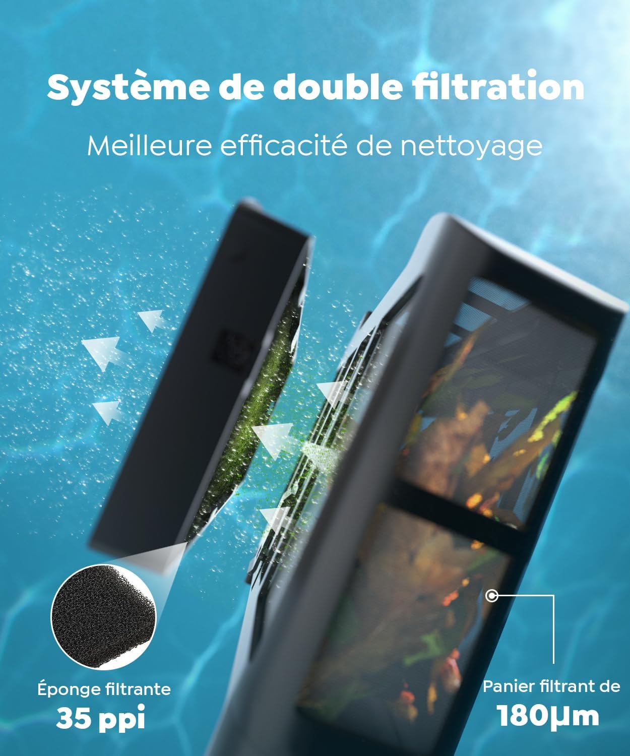 C1 - Robot piscine sans fil, fond et parois, 150m², 3 moteurs, applis, 170min - C1